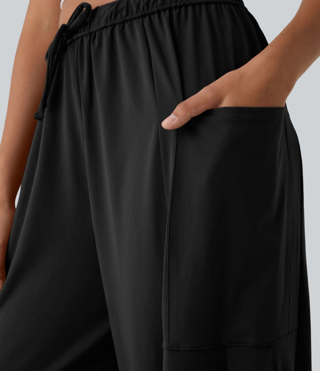 Pantalon Large Fluide Taille Mi-Haute Taille Élastique Cordon Poches Latérales Ourlet Flottant