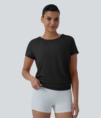 Haut sport yoga col rond manches raglan courtes dos découpé froncé