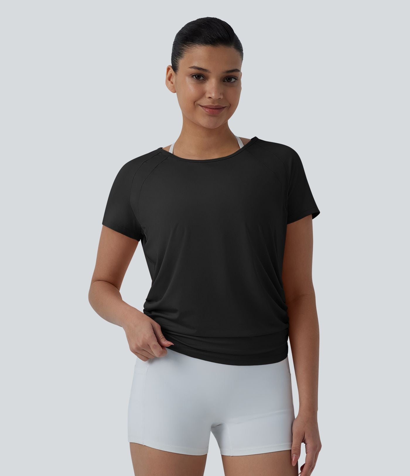 Haut sport yoga col rond manches raglan courtes dos découpé froncé