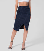Halara Flex™ Jupe Midi Casual Taille Haute avec Ourlet Fendu en Denim Tricoté Élastique