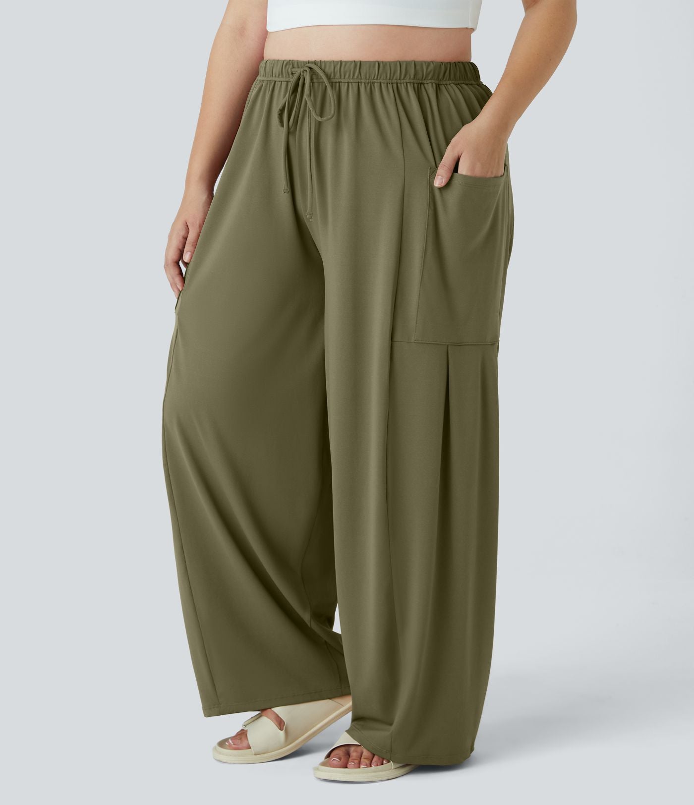 Pantalon Large Casual Taille Mi-Haute Taille Élastique Cordon Poches Latérales Ourlet Flottant Grande Taille