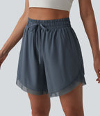 Short de yoga 2-en-1 fluide maille contrastante taille mi-haute 17,5 cm avec cordon de serrage
