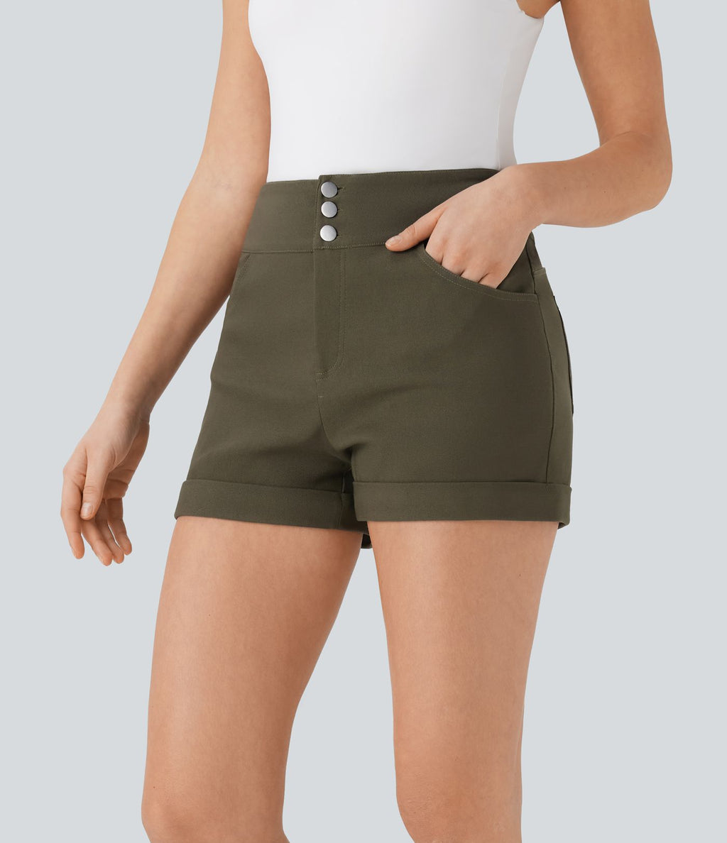 Short décontracté moulant taille haute avec boutons, ourlet roulé et poches