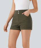 Short décontracté moulant taille haute avec boutons, ourlet roulé et poches