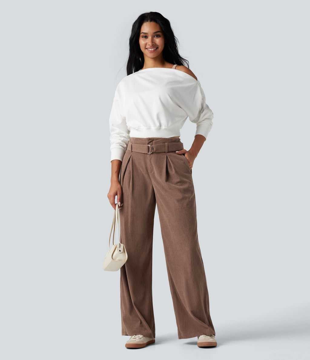 Pantalon décontracté large en velours côtelé avec ceinture, taille haute, avec poches