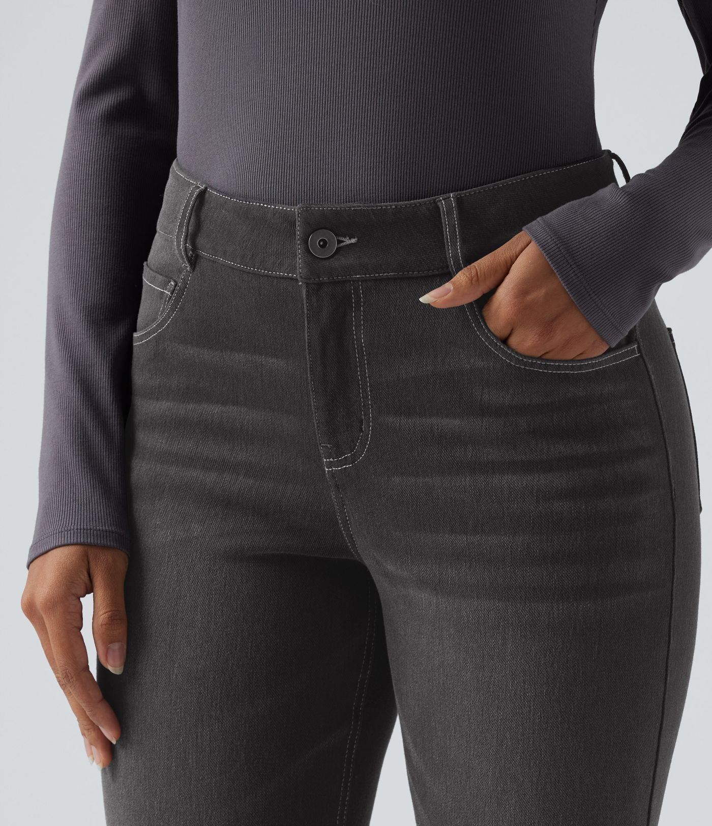 Jean bootcut délavé Halara Flex™ taille basse avec bouton, fermeture éclair et poches multiples