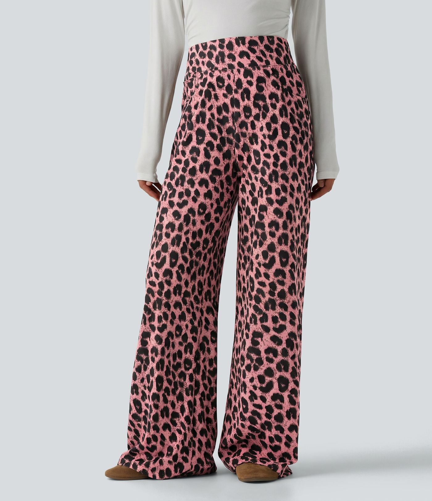 Pantalon large décontracté taille haute gaufré imprimé léopard avec poches