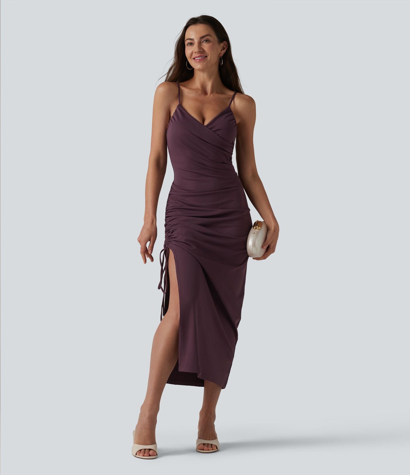 Robe midi moulante à col en V rembourrage non amovible et fronces à cordon