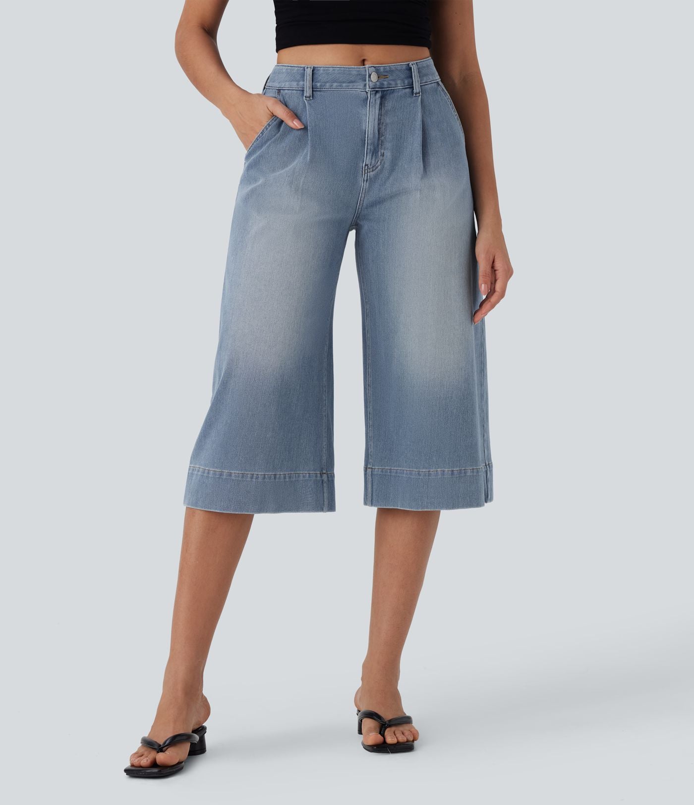 Jean décontracté capri large fluide taille mi-haute Halara Flex™ effet délavé avec poches