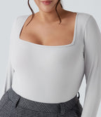 Body grande taille maille côtelée col carré manches longues ajusté