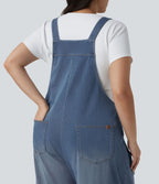 Grande taille Halara Flex™ Salopette casual en jean délavé col carré avec poches