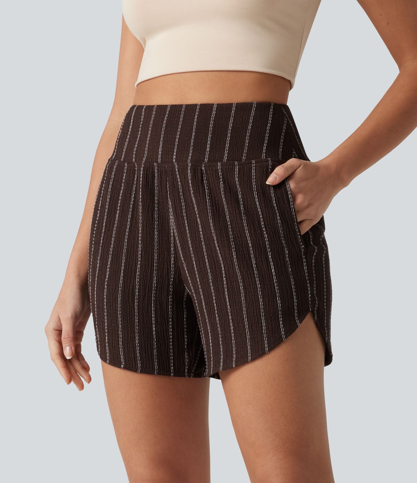 Short casual taille haute ourlet arrondi rayures avec poches