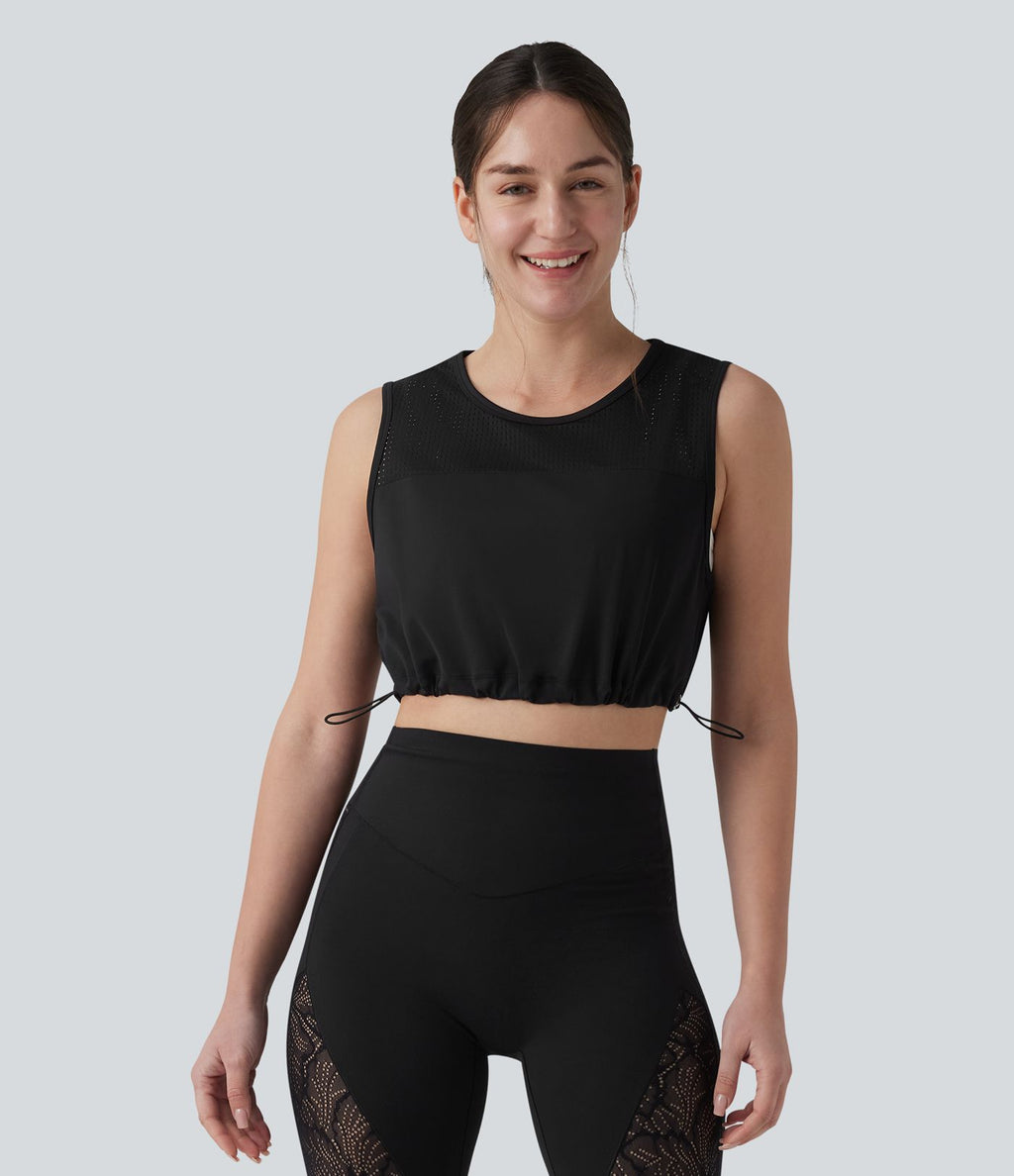 Débardeur yoga court col rond mesh respirant avec ourlet à cordon de serrage