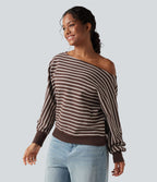 Sweat-shirt rayé épaules dénudées manches longues coupe décontractée