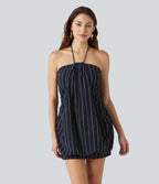 Robe micro-mini moulante à rayures col dos nu avec soutien-gorge intégré et dos à nouer
