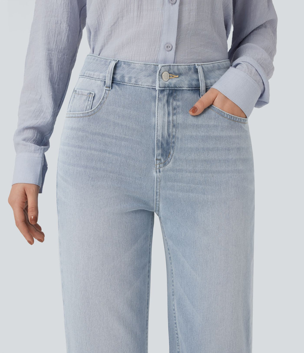 Jean 7/8 décontracté délavé taille haute coupe droite Halara Flex™ avec poches