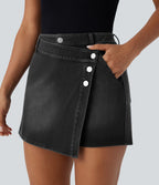 Halara Flex™ Short décontracté en jean extensible effet délavé à taille haute avec poches multiples et détail enveloppant
