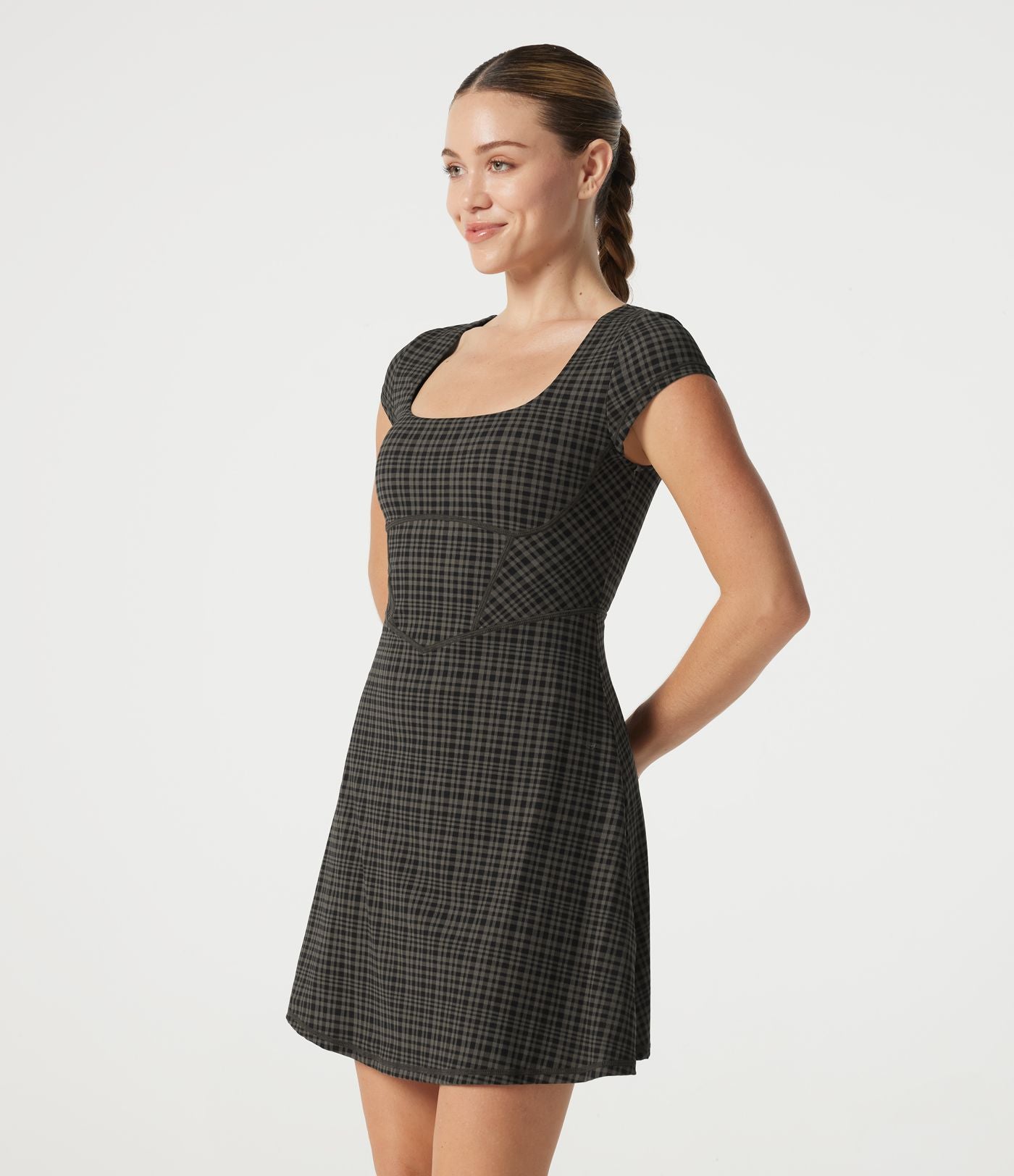 Robe mini décontractée à carreaux Halara UltraSculpt™ avec corset à encolure carrée, brassière intégrée 2-en-1 et poches - Easy Peasy
