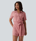 Combishort chemise manches courtes effet lin, avec ceinture et poche