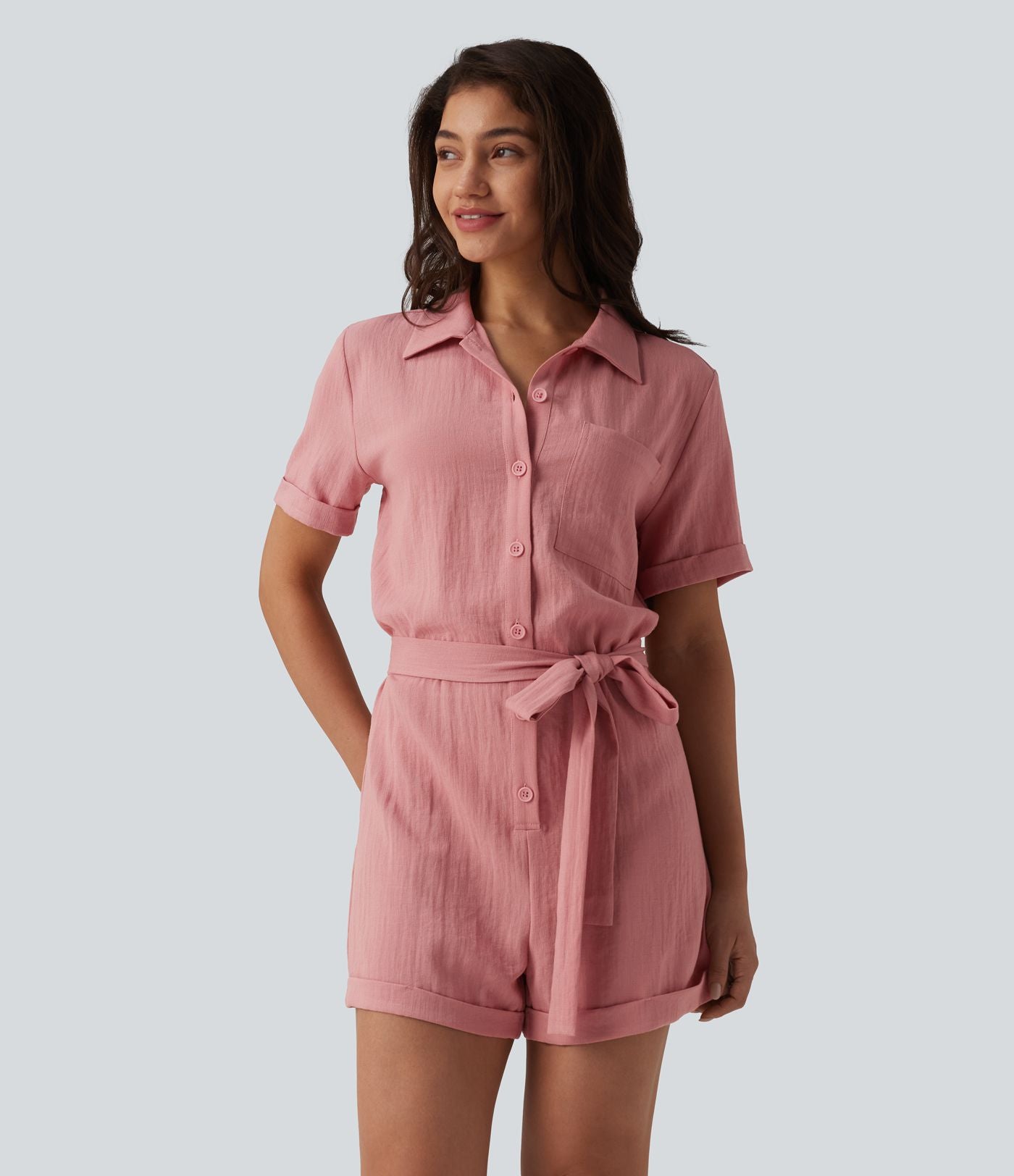 Combishort chemise manches courtes effet lin, avec ceinture et poche