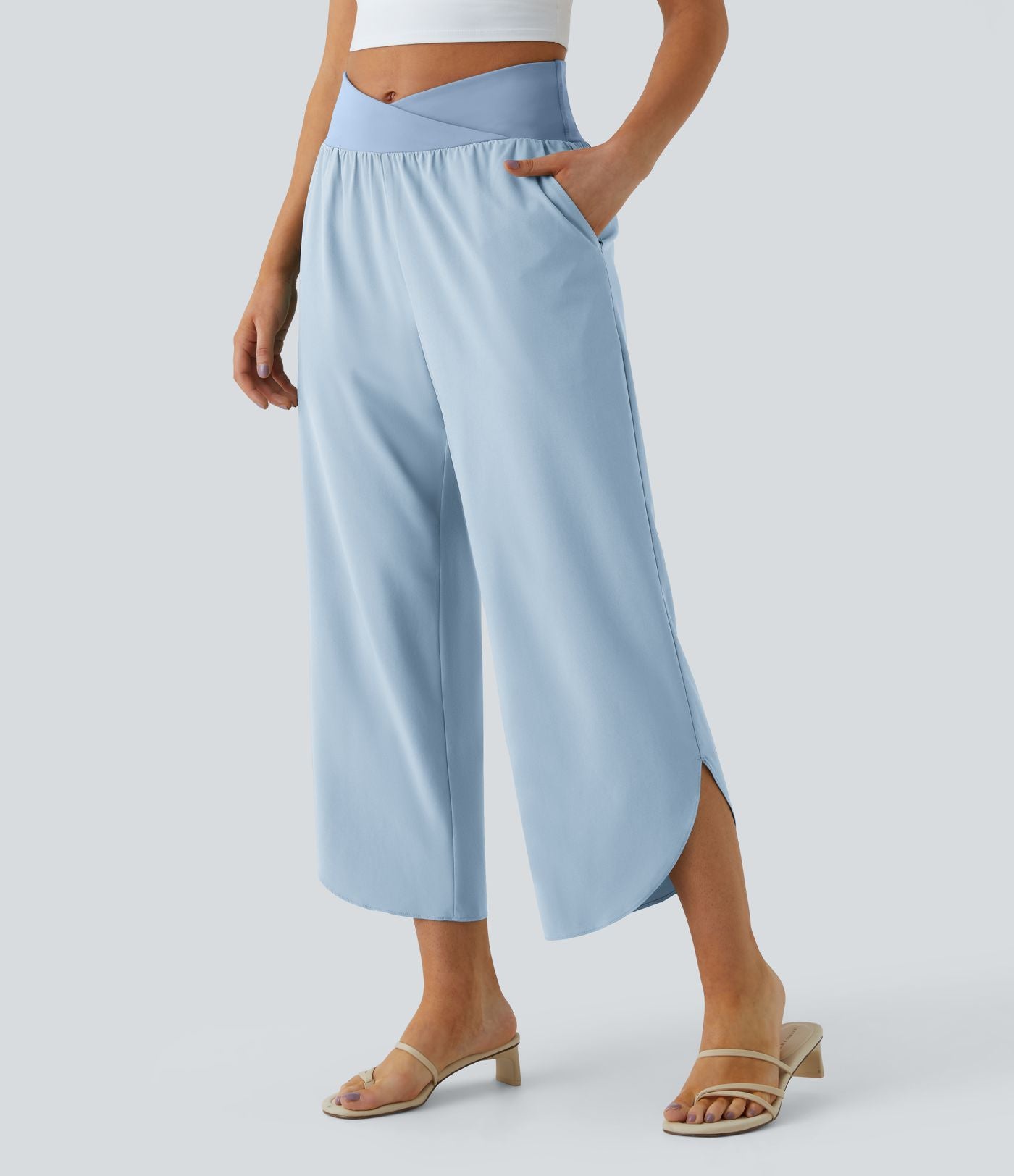 Breezeful™ Pantalon Fluide Vacances Séchage Rapide Taille Haute Croisée Poches Latérales Plissées Fente