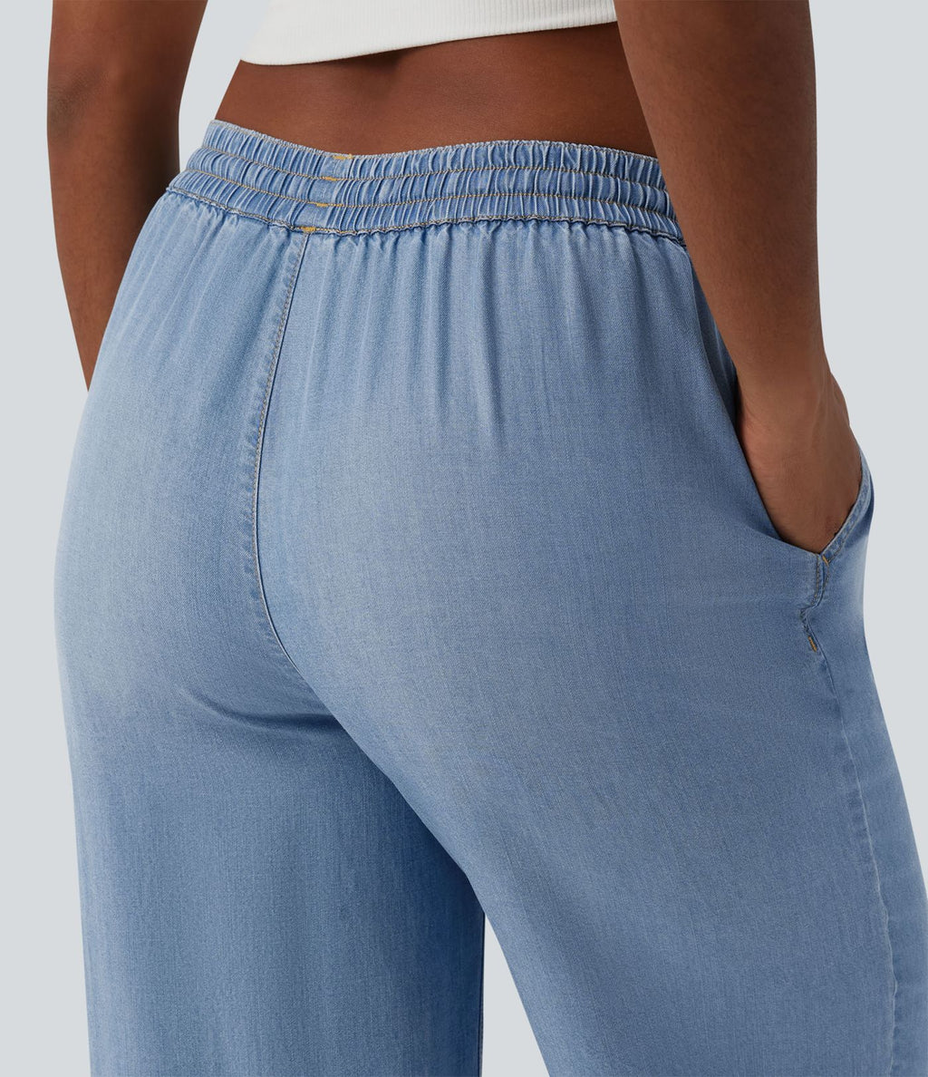 Jean large décontracté drapé taille mi-haute en lyocell avec cordon de serrage et poches