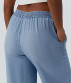 Jean large décontracté drapé taille mi-haute en lyocell avec cordon de serrage et poches