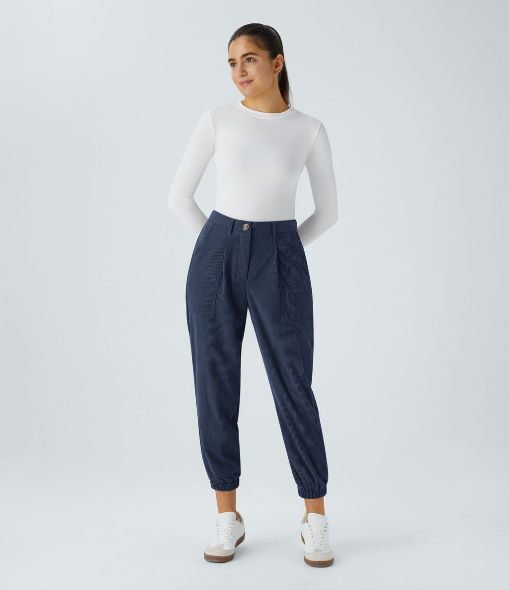 Pantalon décontracté en velours côtelé avec taille mi-haute, boutons et fermeture éclair
