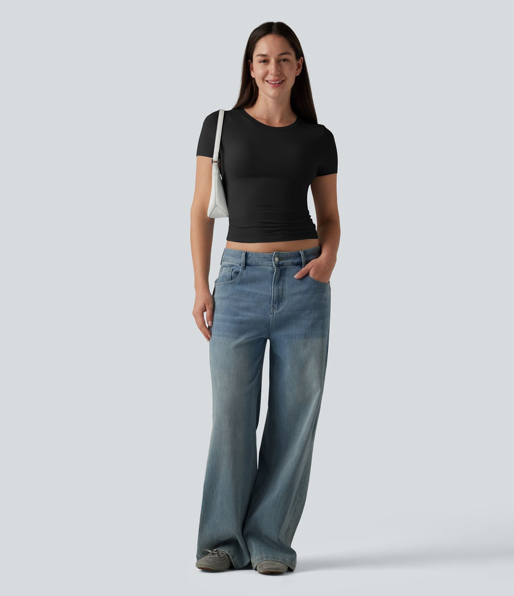 T-shirt décontracté col rond échancré à manches courtes avec soutien-gorge intégré bonnets B-DD