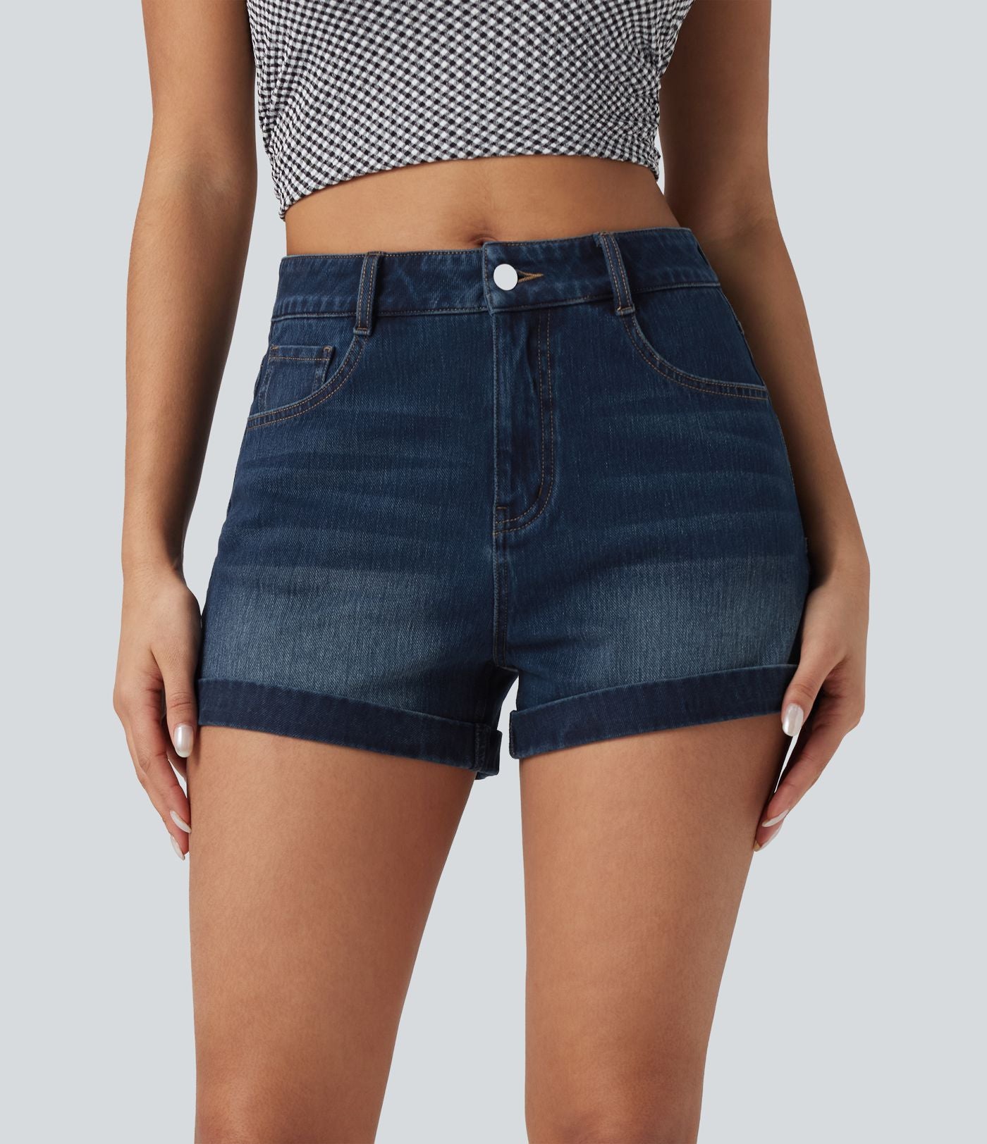 Short 7,5 cm décontracté en jean extensible Halara Flex™ taille moyenne avec boutons, zip et multiples poches