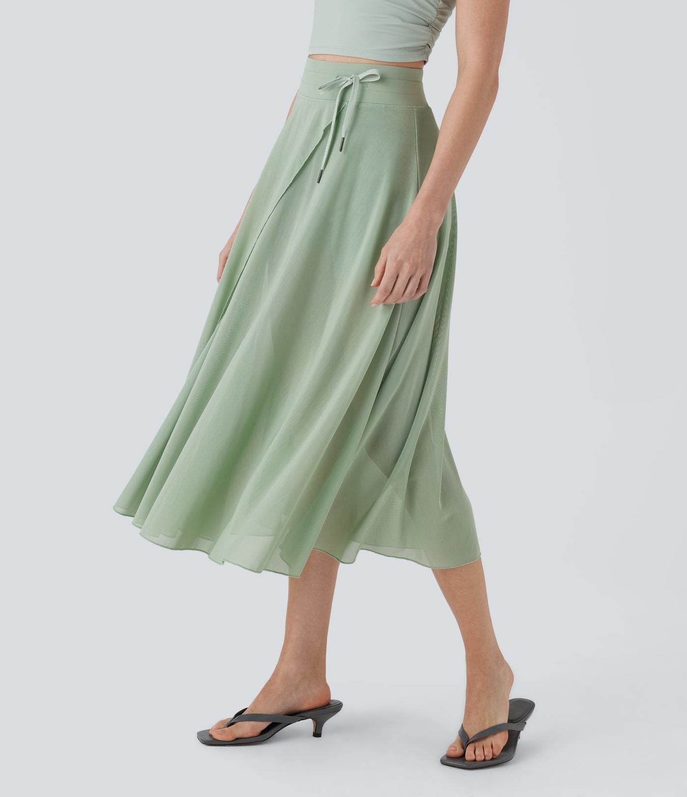 Jupe Casual Évasée Mesh Mi-Longue Fuide 2 en 1 Contrastée Taille Haute Cordon Poche Latérale