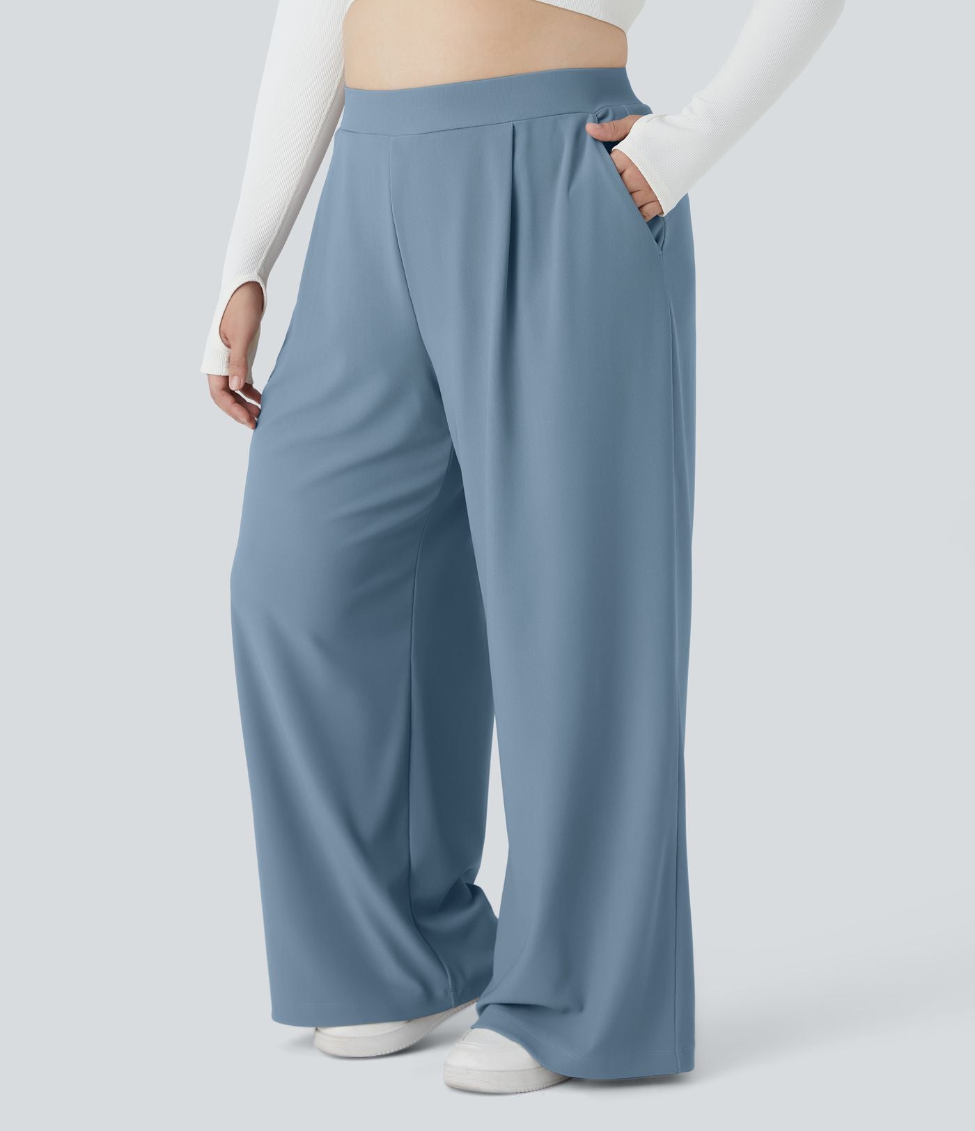 Pantalon de travail grande taille Halara Flex™ à taille haute sculptante et amincissante, poches latérales, jambes larges et tissu micro-gaufré
