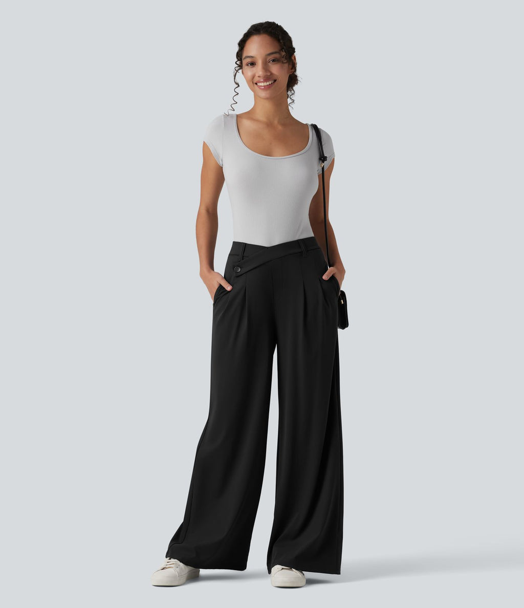 Pantalon tailleur évasé asymétrique taille mi-haute avec poches