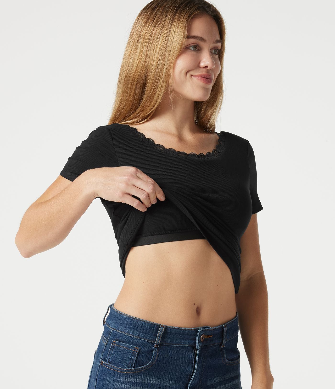 T-shirt décontracté en maille côtelée, col rond échancré, dos en U, manches courtes, brassière intégrée en dentelle contrastée