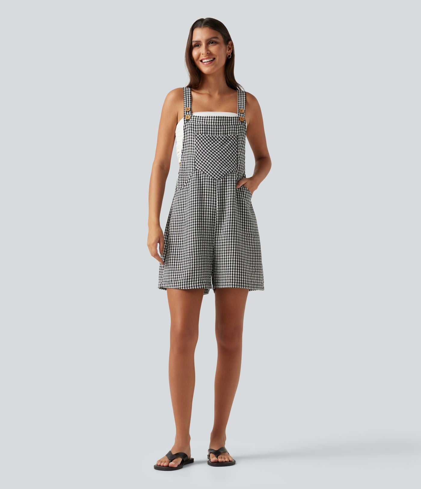 Salopette-short casual effet lin à carreaux avec poches