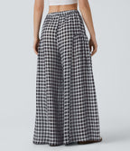 Pantalon décontracté à carreaux taille haute coupe ample avec poches latérales