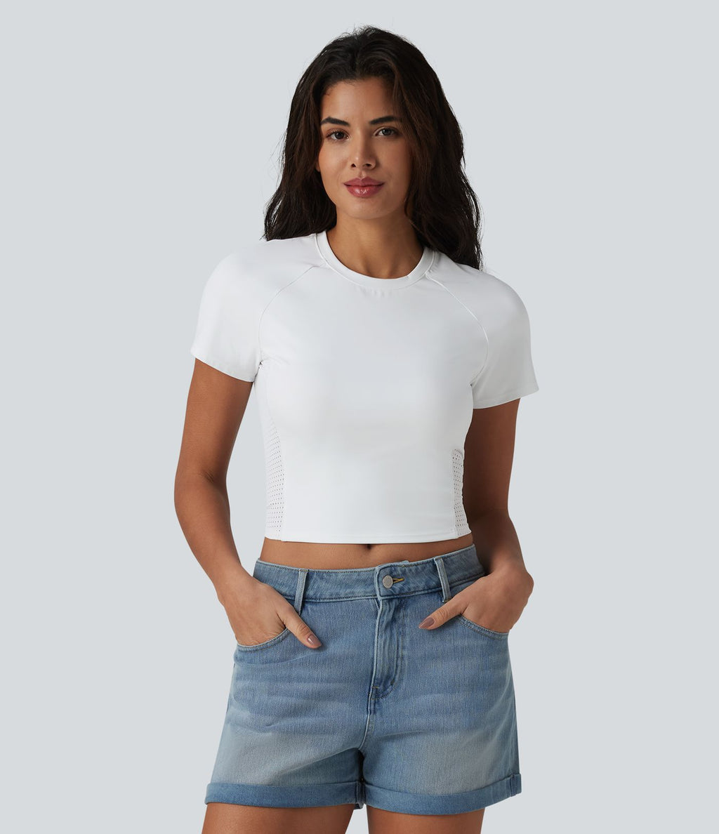 T-shirt casual col rond à manches raglan avec empiècements en mesh respirant