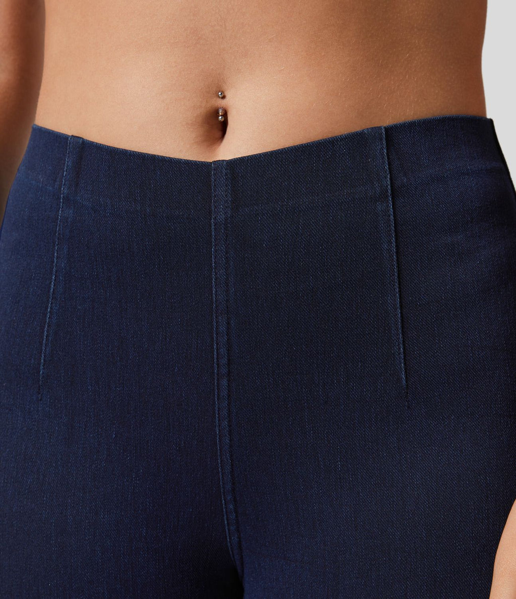 Halara Flex™ Leggings 7/8 Casual en Denim Tricot Extensible Taille Haute avec Dos en Forme de V et Poches Latérales