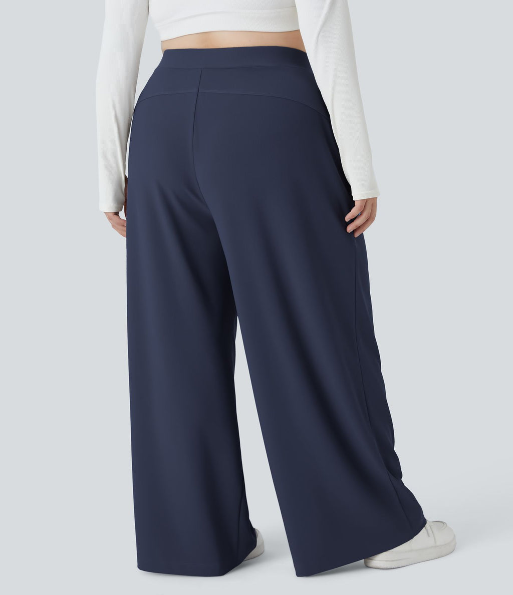 Pantalon de travail grande taille Halara Flex™ à taille haute sculptante et amincissante, poches latérales, jambes larges et tissu micro-gaufré