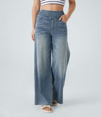 Halara Flex™ Jean Large Casual Taille Haute Poches Multiples Tricot Extensible Délavé