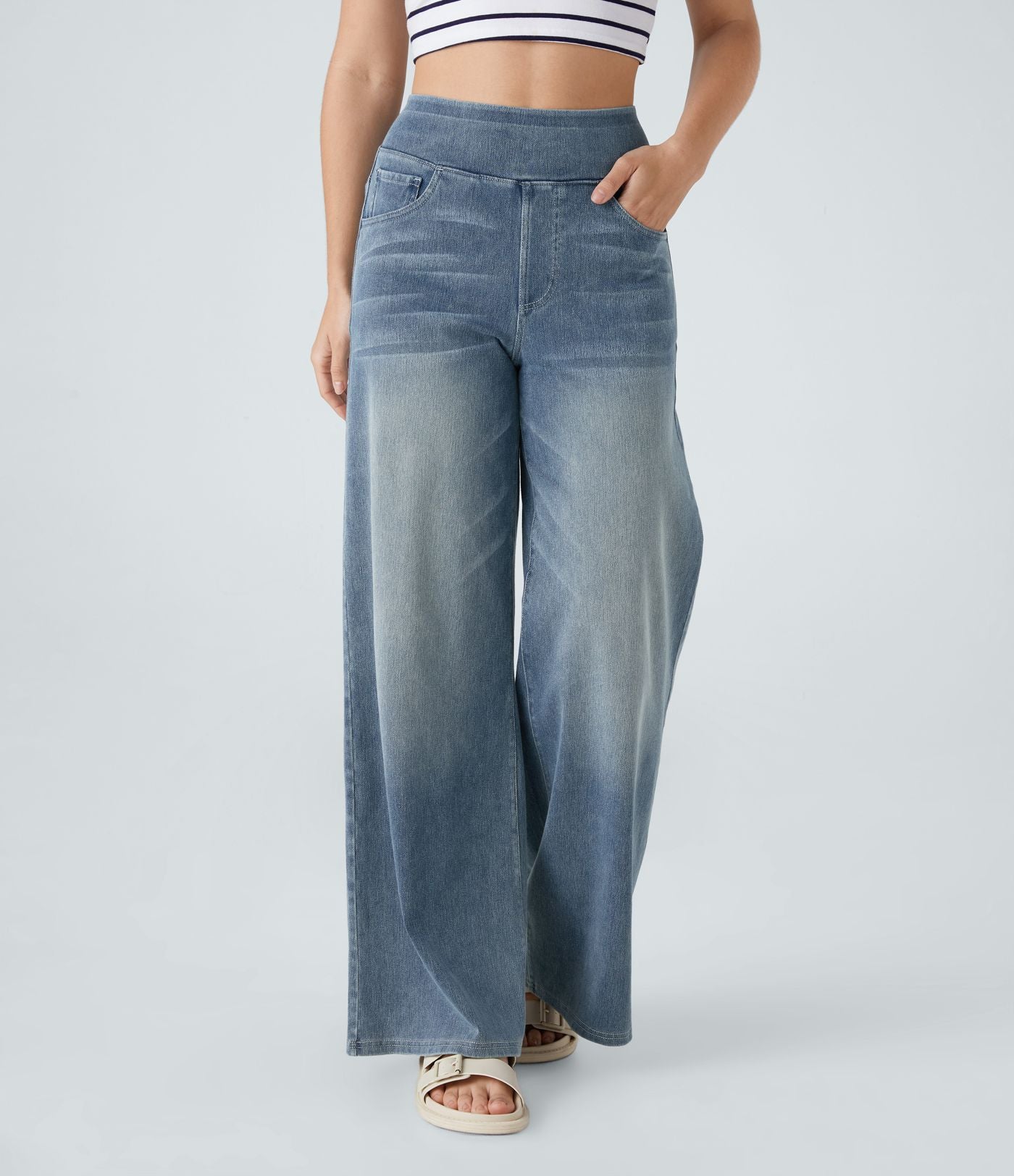 Halara Flex™ Jean Large Casual Taille Haute Poches Multiples Tricot Extensible Délavé