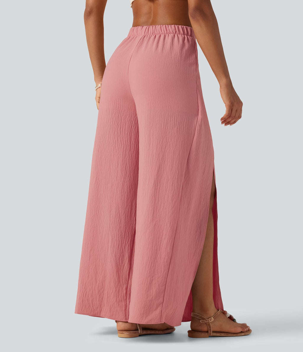 Pantalon ample fluide effet lin taille haute avec laçage
