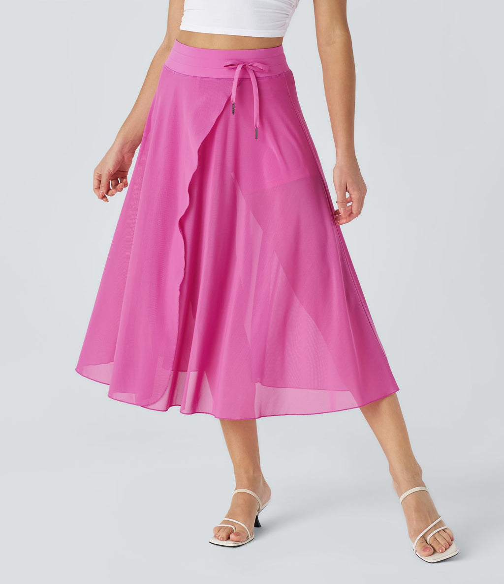 Jupe Casual Évasée Mesh Mi-Longue Fuide 2 en 1 Contrastée Taille Haute Cordon Poche Latérale