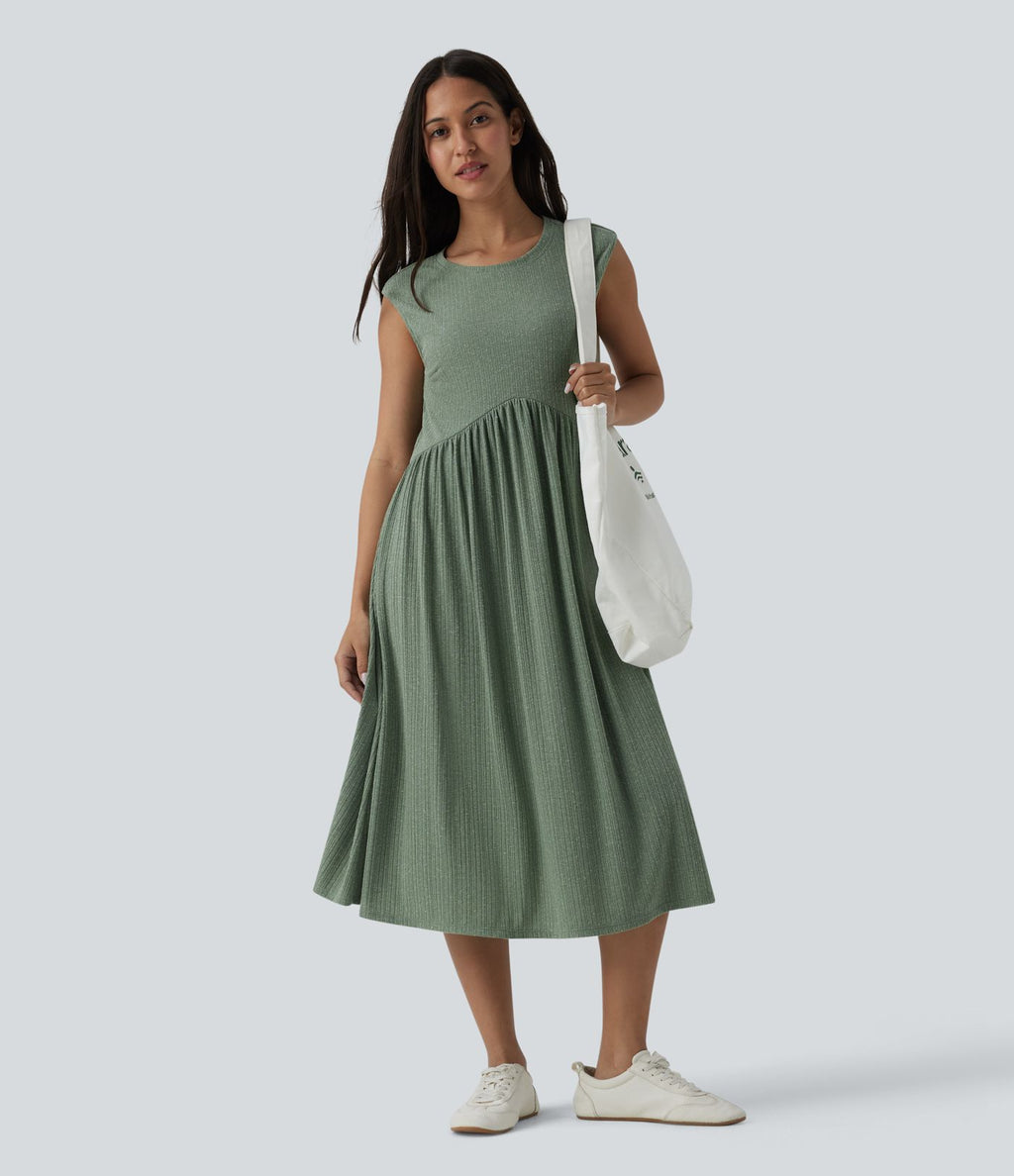 Robe midi fluide décontractée maille côtelée mélange lin col rond sans manches