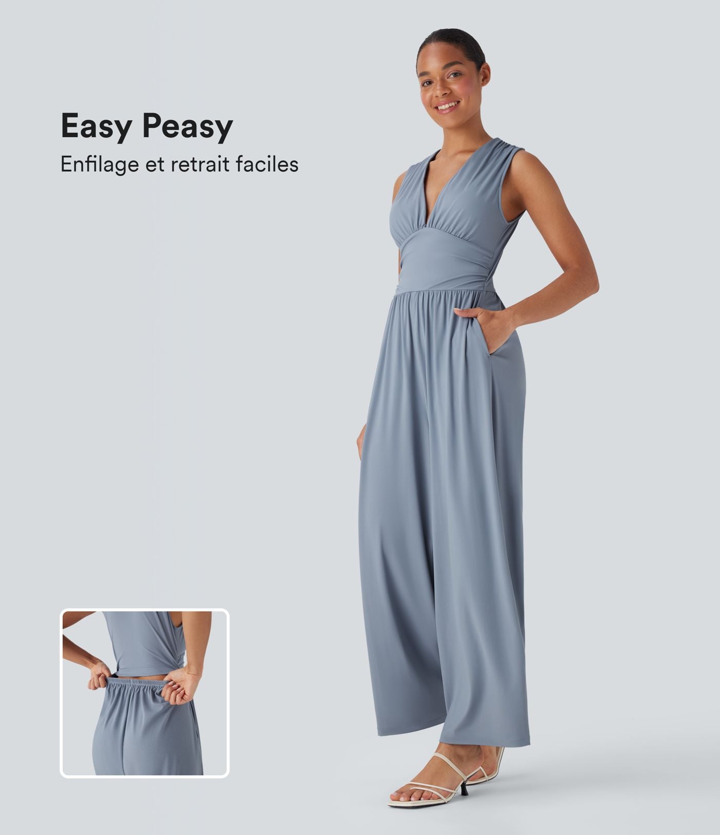 Combinaison décontractée SoftlyZero™ Airy à effet frais InstantCool à col V sans manches avec fronces, poches latérales et zip invisible, accès facile Easy Peasy