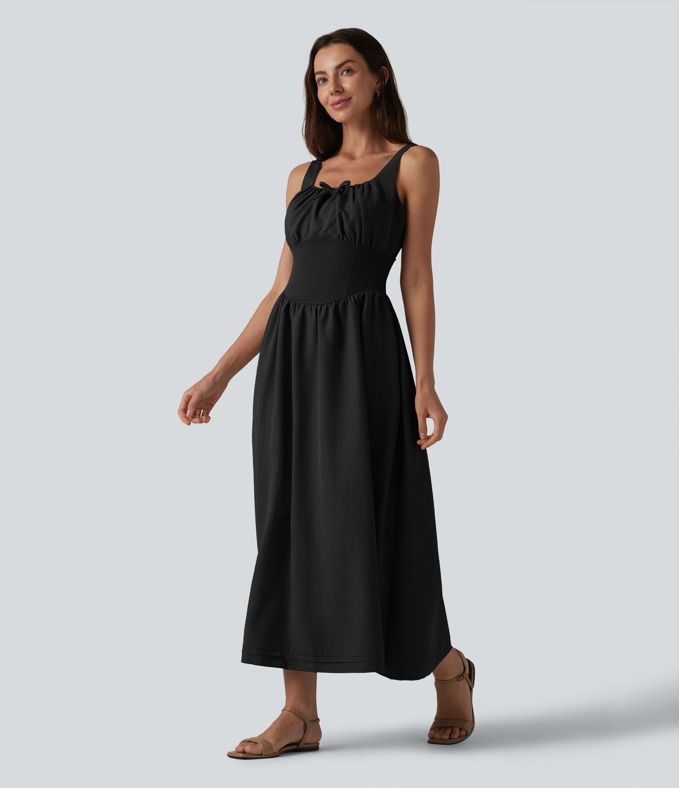 Robe midi décontractée à corset lacé et col carré avec poches