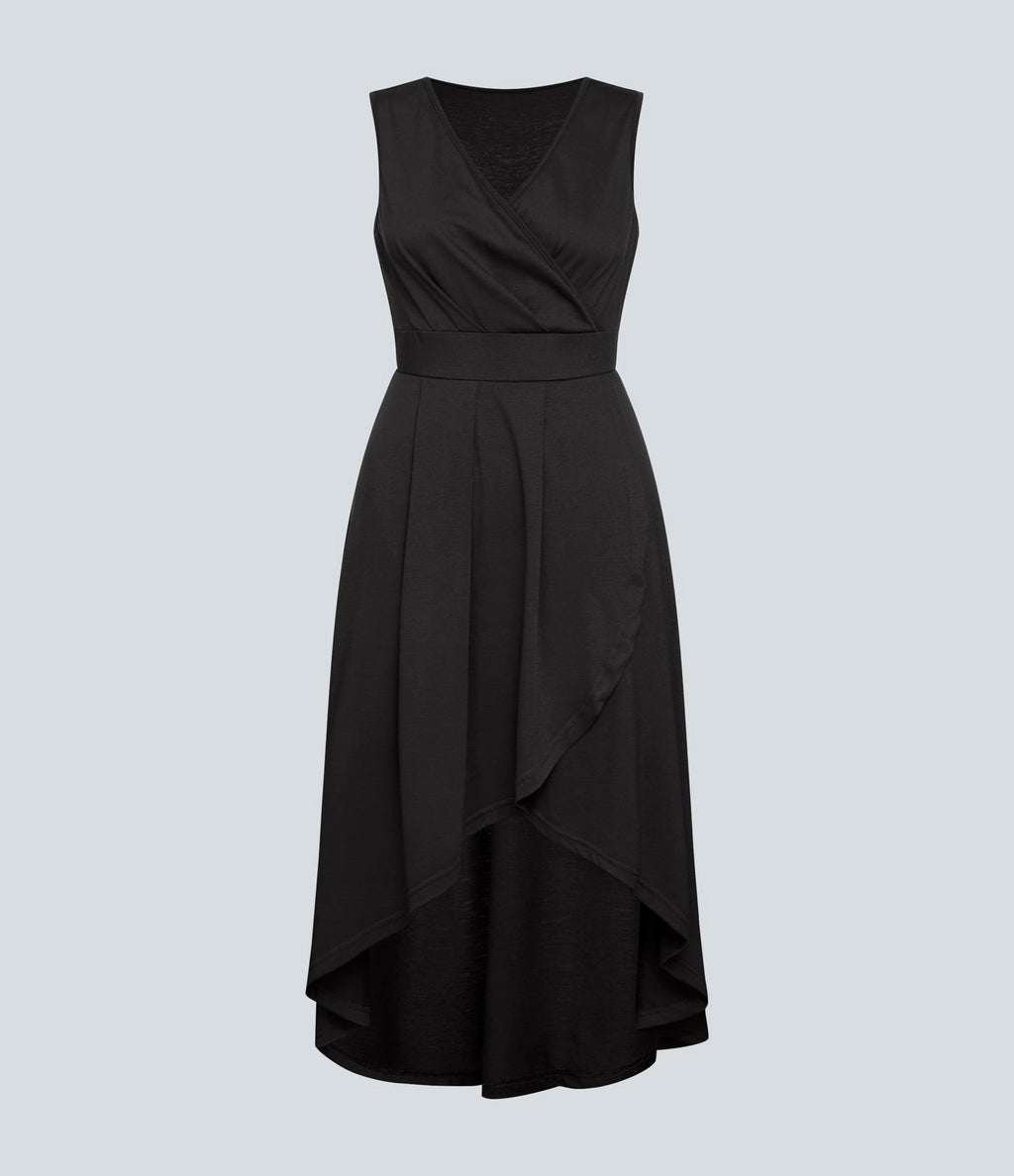 Robe Mi-Longue Plissée Décolleté Plongeant Sans Manches Haut Bas Ourlet Croisé