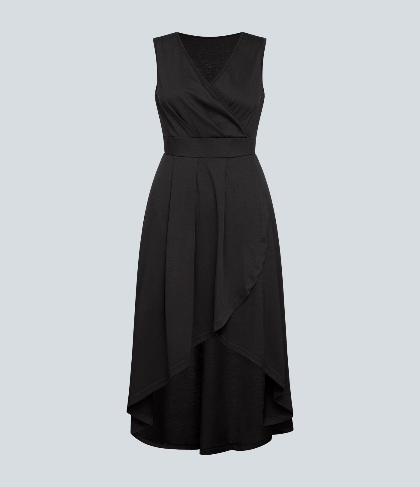 Robe Mi-Longue Plissée Décolleté Plongeant Sans Manches Haut Bas Ourlet Croisé