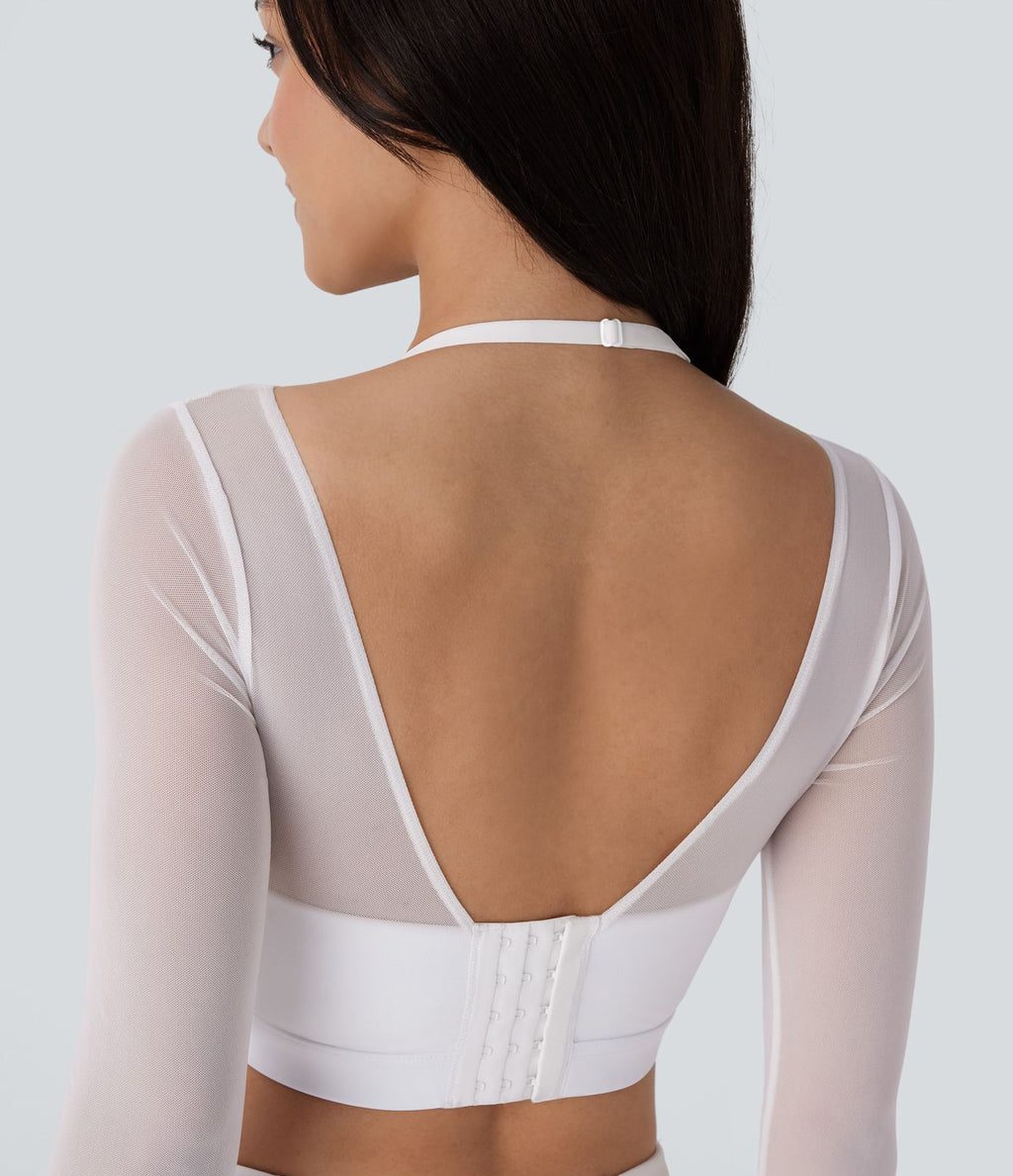 Haut de sport yoga crop top 2-en-1 avec col licou, dos nu, manches longues, passe-pouces et mesh contrastant