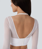 Haut de sport yoga crop top 2-en-1 avec col licou, dos nu, manches longues, passe-pouces et mesh contrastant